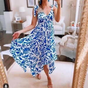 ALEXIS Sz M for Target Blue Botanical Tie Strap Asymmetrical Hem Dress